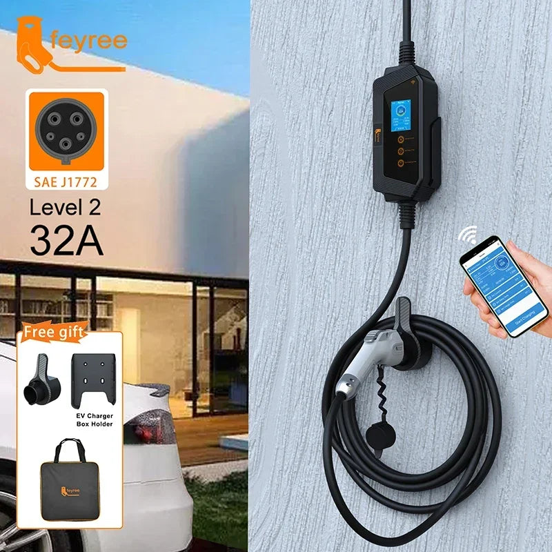 feyree Type1 Portable EV Charger 7KW 32A 1Phase J1772 Socket with 5m Cable Smart APP WIFI Control Version for Electric Vehicle by 54Grid - Renewable Energy Store