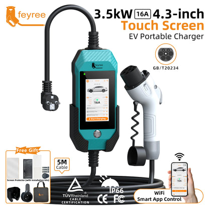 feyree GB/T EV charger 16A 3.5kW 1Phase 4.3'' Touchscreen & Smart APP OTA Version Current Adjustable for Electric Car Charger