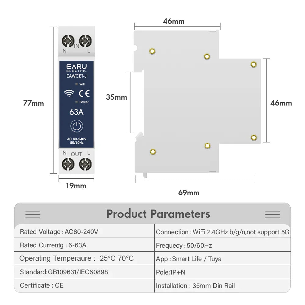 Tuya WiFi Smart Circuit Breaker MCB Timer 1P+N 63A Power Energy kWh Voltage Current Meter Protector Voice Remote Control Switch by 54Grid - Renewable Energy Store