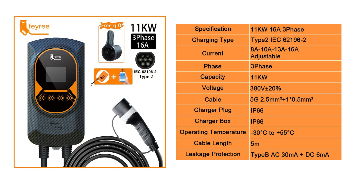 feyree EV Charging Station 32A Electric Vehicle Car Charger EVSE Wallbox Wallmount 7.6/11/22KW Type2 Cable IEC62196 APP Control