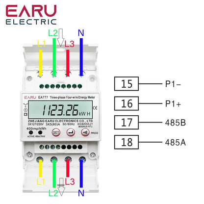 Three Phase Four Wires Eelectronic Active Energy Meter kWh Power Consumption Monitor DIN Rail 50/60Hz 3*5(100)A 50/60Hz  LCD LED