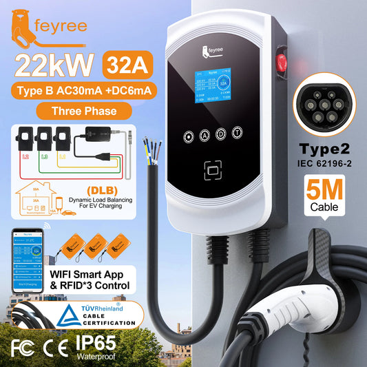 feyree EV Charger Type2 32A 7.6kW 1P Dynamic Load Balancing Model 11kW 22kW 3P EVSE Wallbox Smart WIFI APP Function for EV Cars