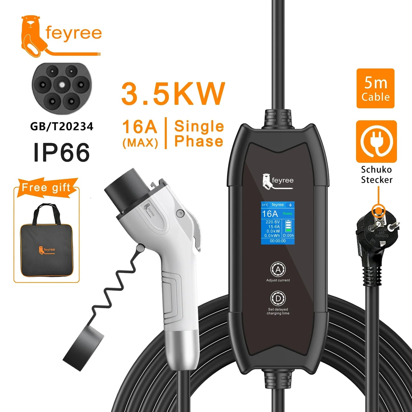 feyree Type2 3.5KW 16A Adjust Current EV Charger Portable Charging Box Set Current&Delay Time with Schuko Plug for Electric Ca