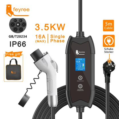 feyree Type2 3.5KW 16A Adjust Current EV Charger Portable Charging Box Set Current&Delay Time with Schuko Plug for Electric Ca