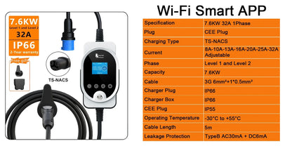 feyree Type2 7KW 32A 1P APP Wi-Fi Control Setting Current & Charging Time Type1 / GBT / TS-NACS Plug