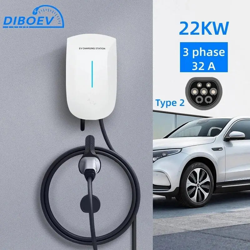 DIBO EV Charger Type2 Plug EVSE Wallbox 32A 22KW IEC62196-2 Socket 3Phase 5m Cable Wallmount Charging Station for Electric Car - 54Grid - Renewable Energy Store