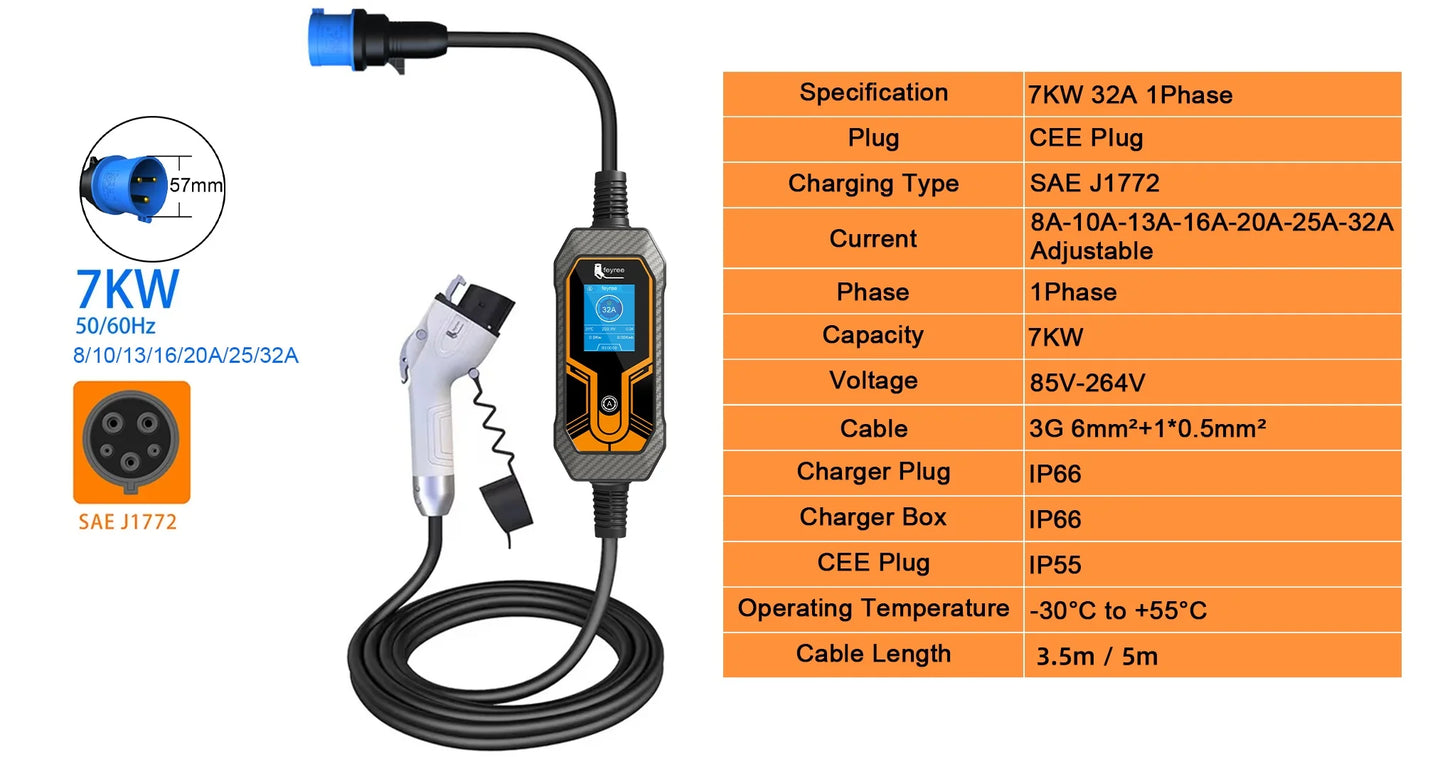 feyree Portable EV Charger Wallbox Type2 Cable 32A 7KW with CEE Plug EVSE Type1 Charging Box j1772 Adapter for Electric Vehicle