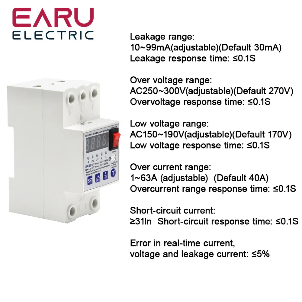 63A Automatic Reconnect Circuit Breaker Over And Under Voltage Over Current Leakage Protection Surge Protect Protector Relay by 54Grid - Renewable Energy Store