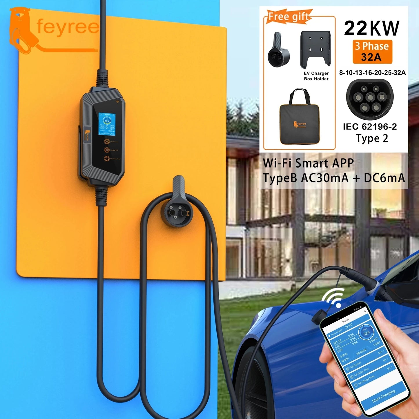 feyree 22KW 32A 3Phase Type2 EV Charger Wi-Fi APP Control EVSE Portable Charging Box with AU 5pin Plug for Electric Car Charger