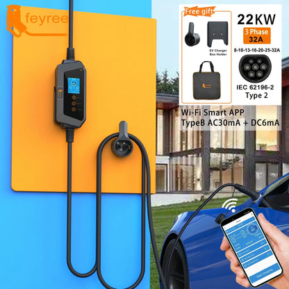feyree 22KW 32A 3Phase Type2 EV Charger Wi-Fi APP Control EVSE Portable Charging Box with AU 5pin Plug for Electric Car Charger