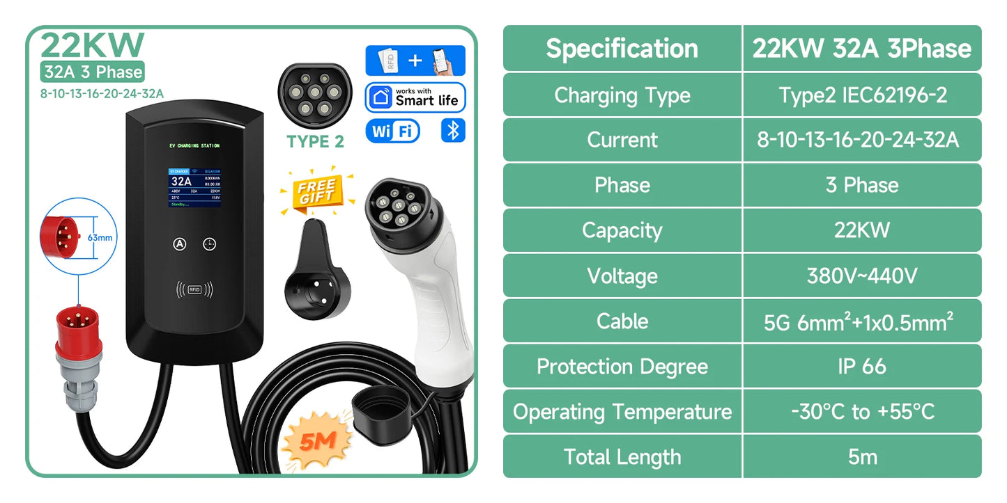 AFYEEV 32A EV Charging Station 22KW 3Phase Electric Vehicle Car Charger 11KW Type2 IEC62196-2 EVSE Wallbox APP Control 5m Cable