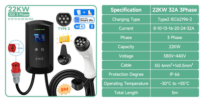AFYEEV 32A EV Charging Station 22KW 3Phase Electric Vehicle Car Charger 11KW Type2 IEC62196-2 EVSE Wallbox APP Control 5m Cable