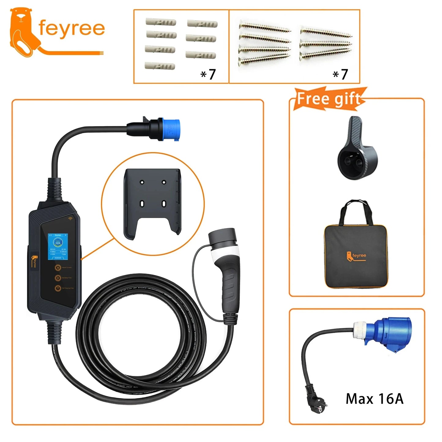 feyree Portable EV charger Type2 32A 7kW Fast Charging APP Wi-Fi Control by Setting Current & Charging time for Electric Vehicle