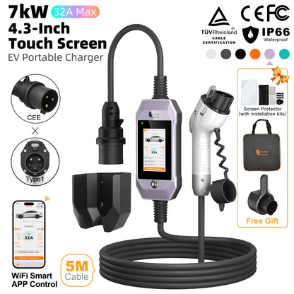 feyree 4.3'' TouchScreen Type1 Charging Plug Portable 7kW EV Charger Dual Temp Portection with Smart APP OTA Upgrade AC Charger