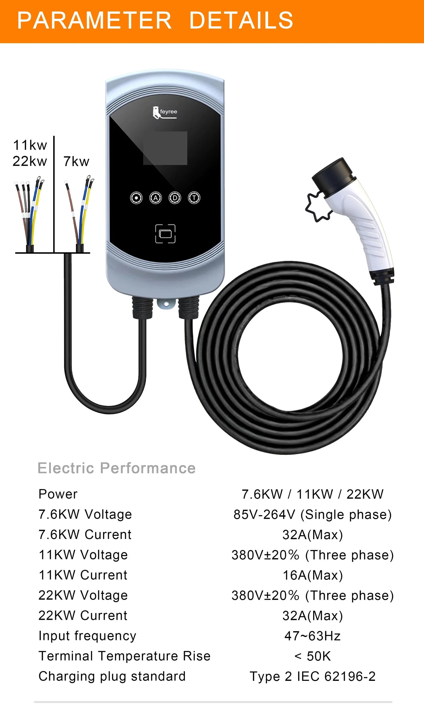 feyree EV Charger 32A 7.6KW Electric Vehicle Car Charger EVSE Wallbox 11KW 22KW 3Phase Type2 Cable IEC62196-2 Socket APP Control