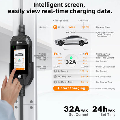 feyree 4.3'' TouchScreen Type1 Charging Plug Portable 7kW EV Charger Dual Temp Portection with Smart APP OTA Upgrade AC Charger