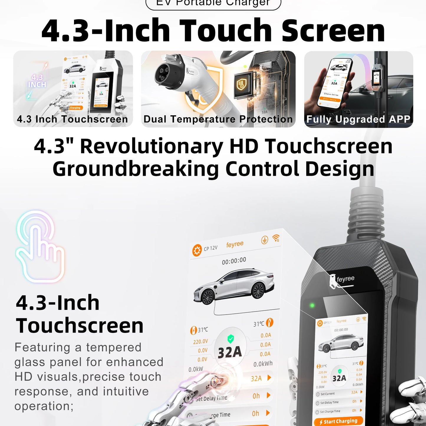 feyree 4.3'' TouchScreen Type1 Charging Plug Portable 7kW EV Charger Dual Temp Portection with Smart APP OTA Upgrade AC Charger