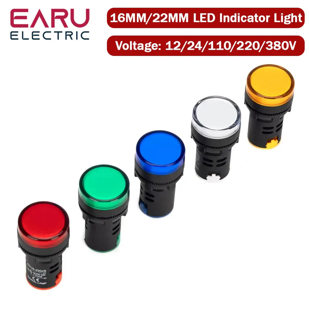 16MM 22MM LED Power Electronic Indicator Pilot Signal Light Lamp AC DC 12V 24V 110V 220V 380V Red Green Yellow Blue White Panel