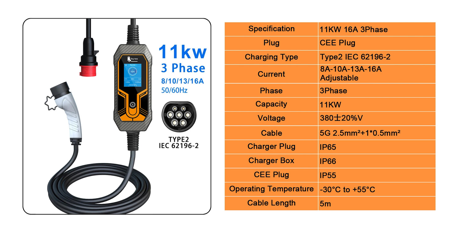feyree EV Charger Portable Type2 11KW 16A 3 Phase EVSE Charging Box Current Adjustable CEE Male Plug for Electric Car Charger
