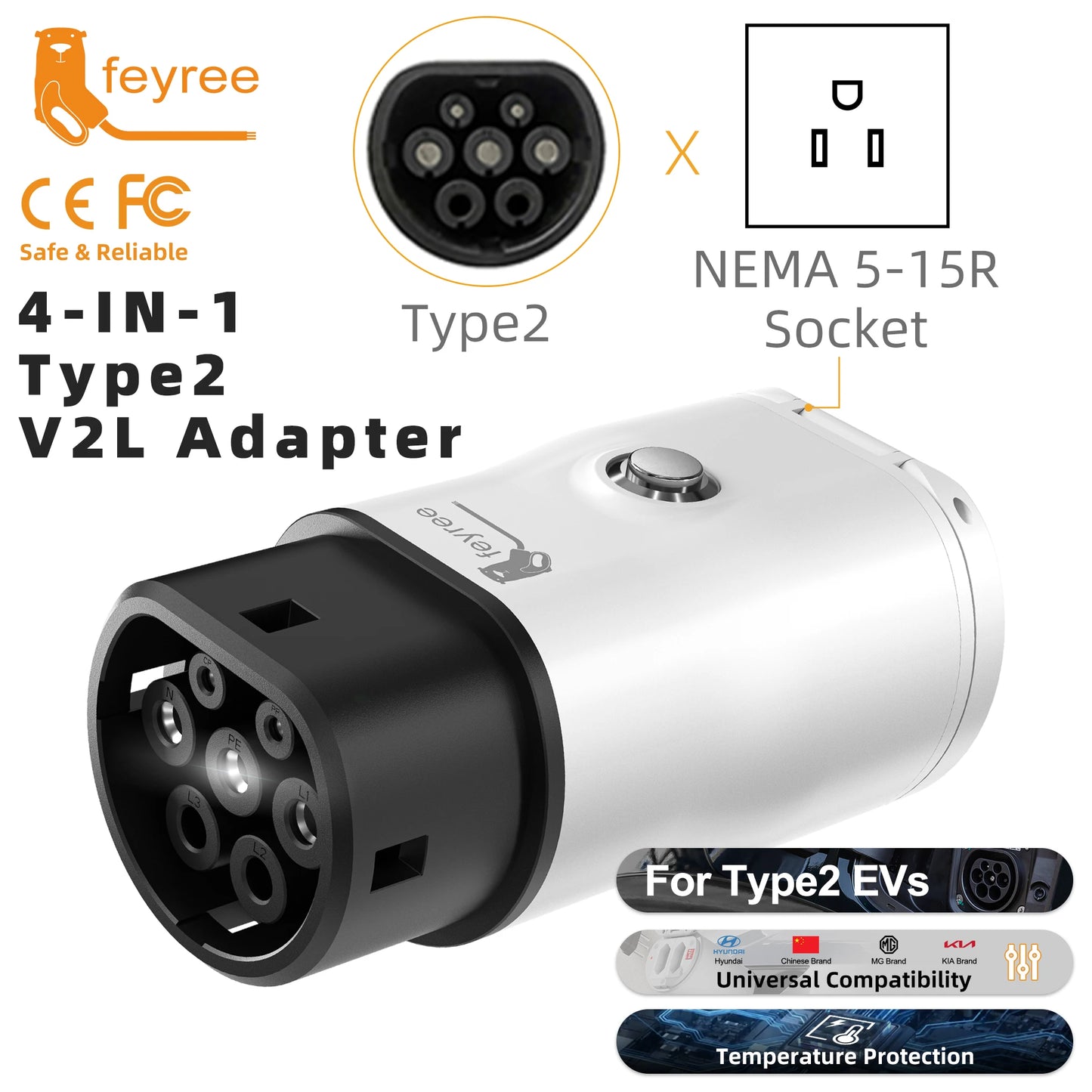 feyree Type2 V2L Discharger Adapter for MG/Kia/Hyundai/Chinese EVs,Vehicle to Load Power Converter and Safety Switch for Camping