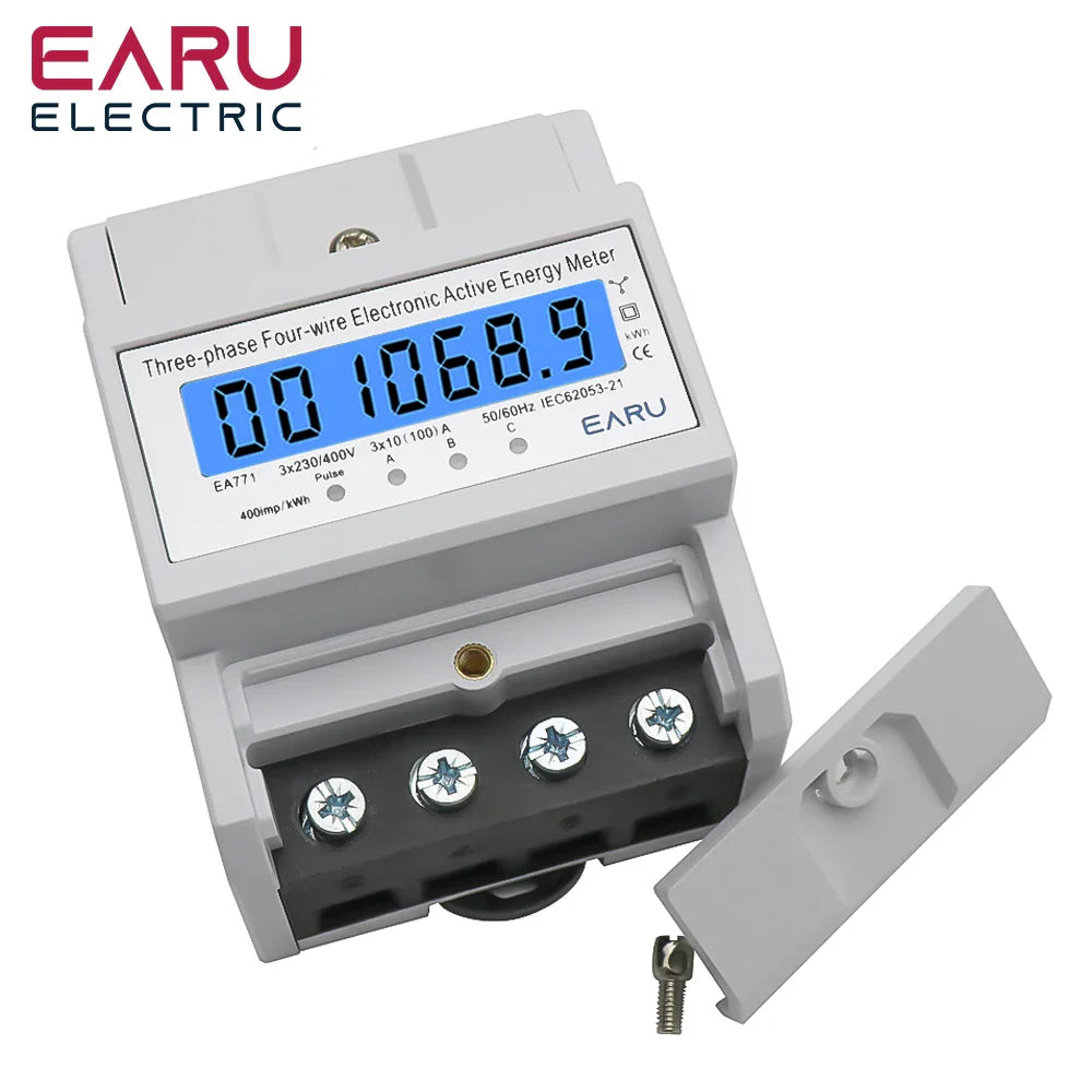 Din Rail AC 230 380V 3 Phase 4 Wire Energy Meter Power Consumption Monitor kWh Meter Wattmeter Bivolt 100A 50/60Hz LCD Backlight by 54Grid - Renewable Energy Store