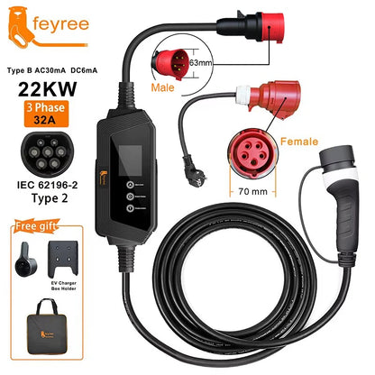 feyree 22KW 32A 3Phase EV Charger Type2 Portable EV Charger EVSE Charging Box 5m Cable with Socket IEC62196-2 for Electric Car