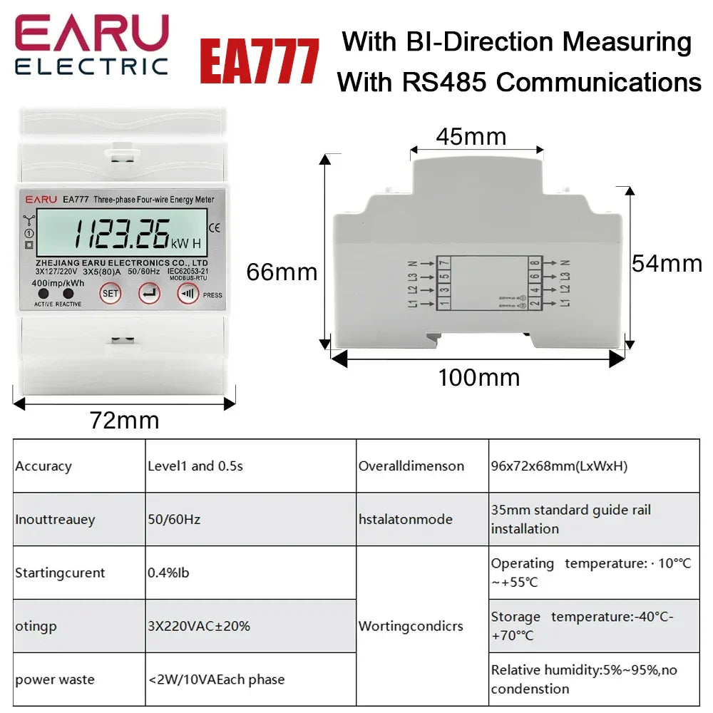 Three Phase Four Wires Eelectronic Active Energy Meter kWh Power Consumption Monitor DIN Rail 50/60Hz 3*5(100)A 50/60Hz  LCD LED
