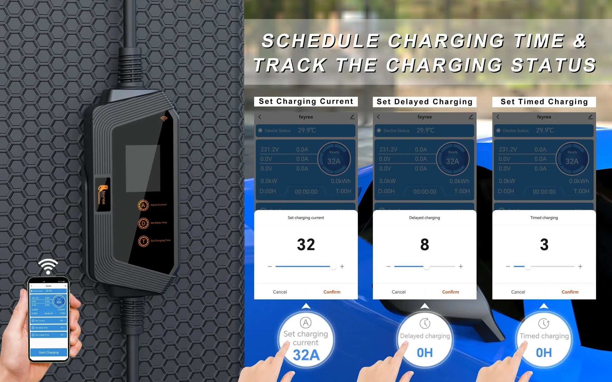 feyree 7KW 32A Adjustable EV Charger GBT Socket APP Bluetooth Version Set Charging Time EVSE Charging Box for Electric Vehicle by 54Grid - Renewable Energy Store