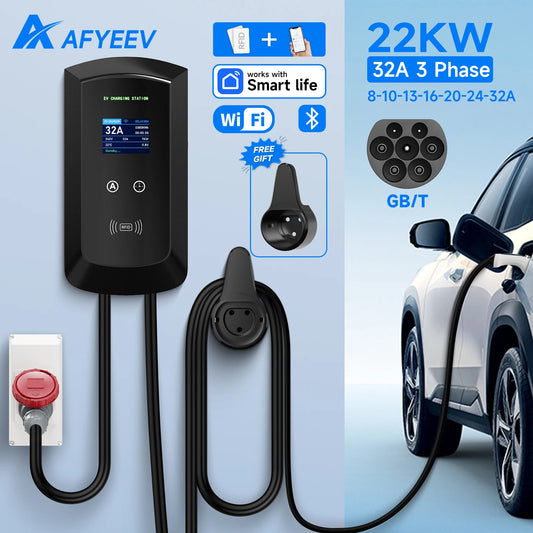 AFYEEV 22KW GB/T EV Charging Station 32A Electric Vehicle Car Charger EVSE Wallbox Wallmount RFID WiFi Bluetooth APP Control