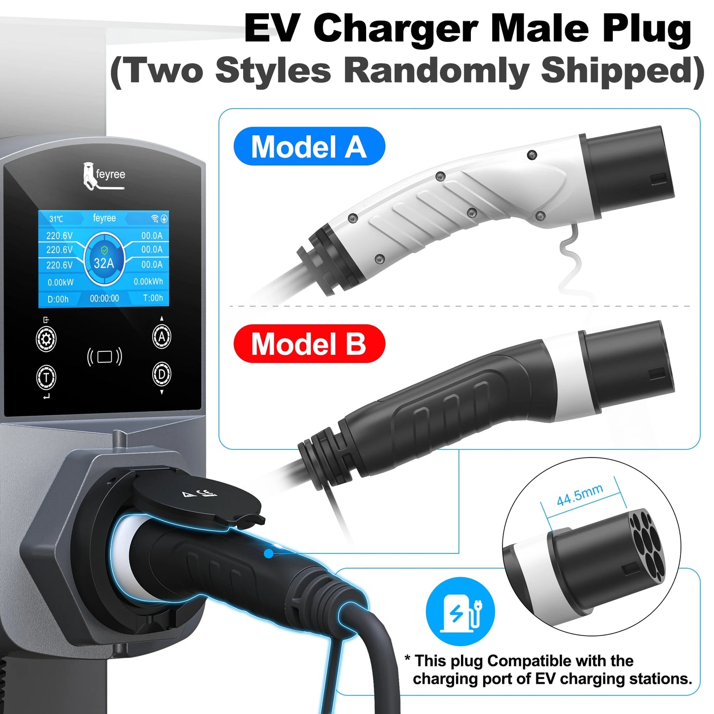 feyree EV Charging Cable 7KW 32A 1Phase Type1 Car Charging Socket to Type2 Power Supply Side 16A 3.5KW 5m Cable for Electric Car