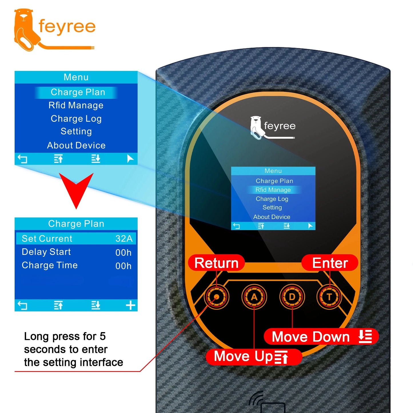 feyree EV Charger Type2 32A 7.6kW EVSE Wallbox 2.8inch Screen Current Adjustable Wallmounted Charging Station for Electric Car
