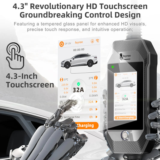 feyree 32A 7kW 1P Portable EV Charger 4.3inch Touch Screen Type2/Type1/GBT/TS-NACS Grey Color Smart APP WiFi Control for EV Car