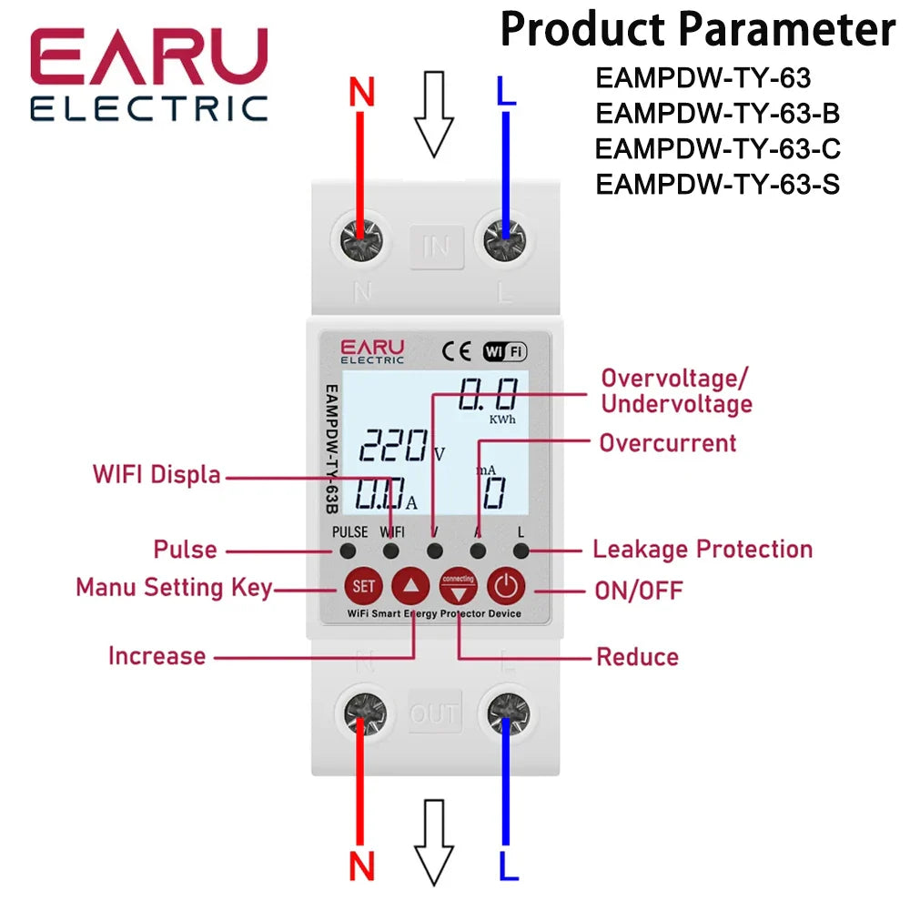 2P 63A 230V Tuya WiFi Smart Energy Meter Power kWh Meter Earth Leakage Over Under Voltage Protector Relay Device Switch Breaker by 54Grid - Renewable Energy Store