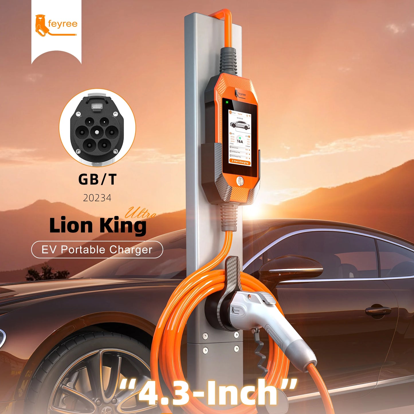 feyree 11kW 16A 3P Portable EV Charger GB/T Plug 4.3" Touchscreen & Charge History WIFI APP Ctrl Smart EVSE for Electric Vehicle