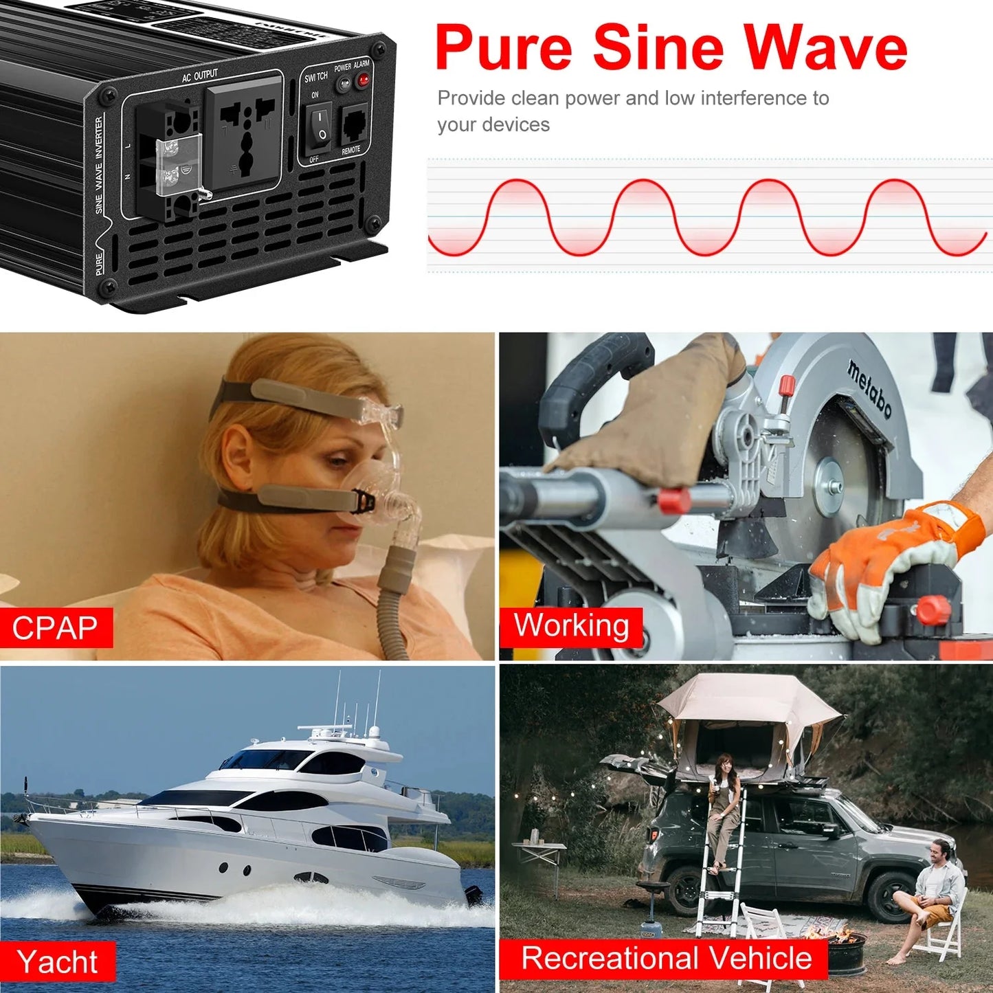 3000W pure sine wave solar car power inverter 12V/24V/48V DC to 110V 220V AC LCD screen - 54Grid - Renewable Energy Store