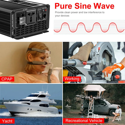 3000W pure sine wave solar car power inverter 12V/24V/48V DC to 110V 220V AC LCD screen - 54Grid - Renewable Energy Store