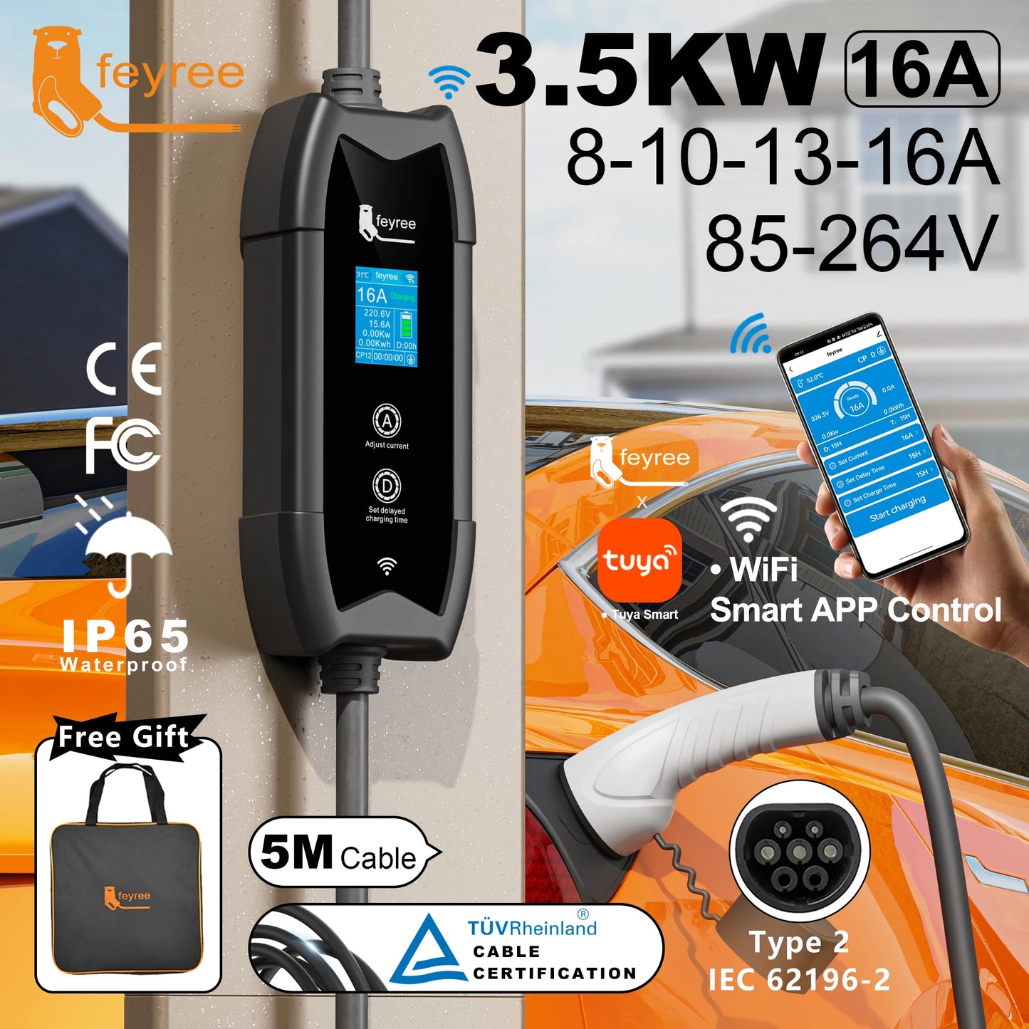 feyree Type2 Portable EV Charger 5m Cable with WIFI APP Control 16A 3.5KW Set Charging&DelayTime for EV Cars,Plug customizable