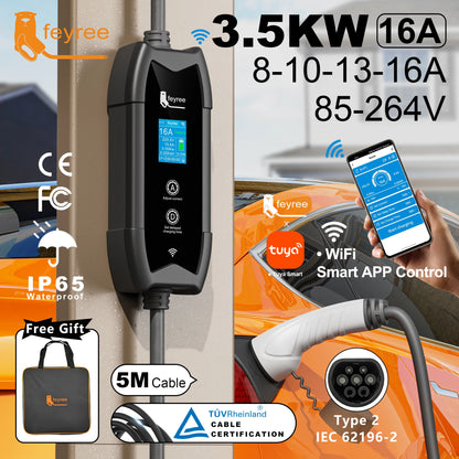 feyree Type2 Portable EV Charger 5m Cable with WIFI APP Control 16A 3.5KW Set Charging&DelayTime for EV Cars,Plug customizable