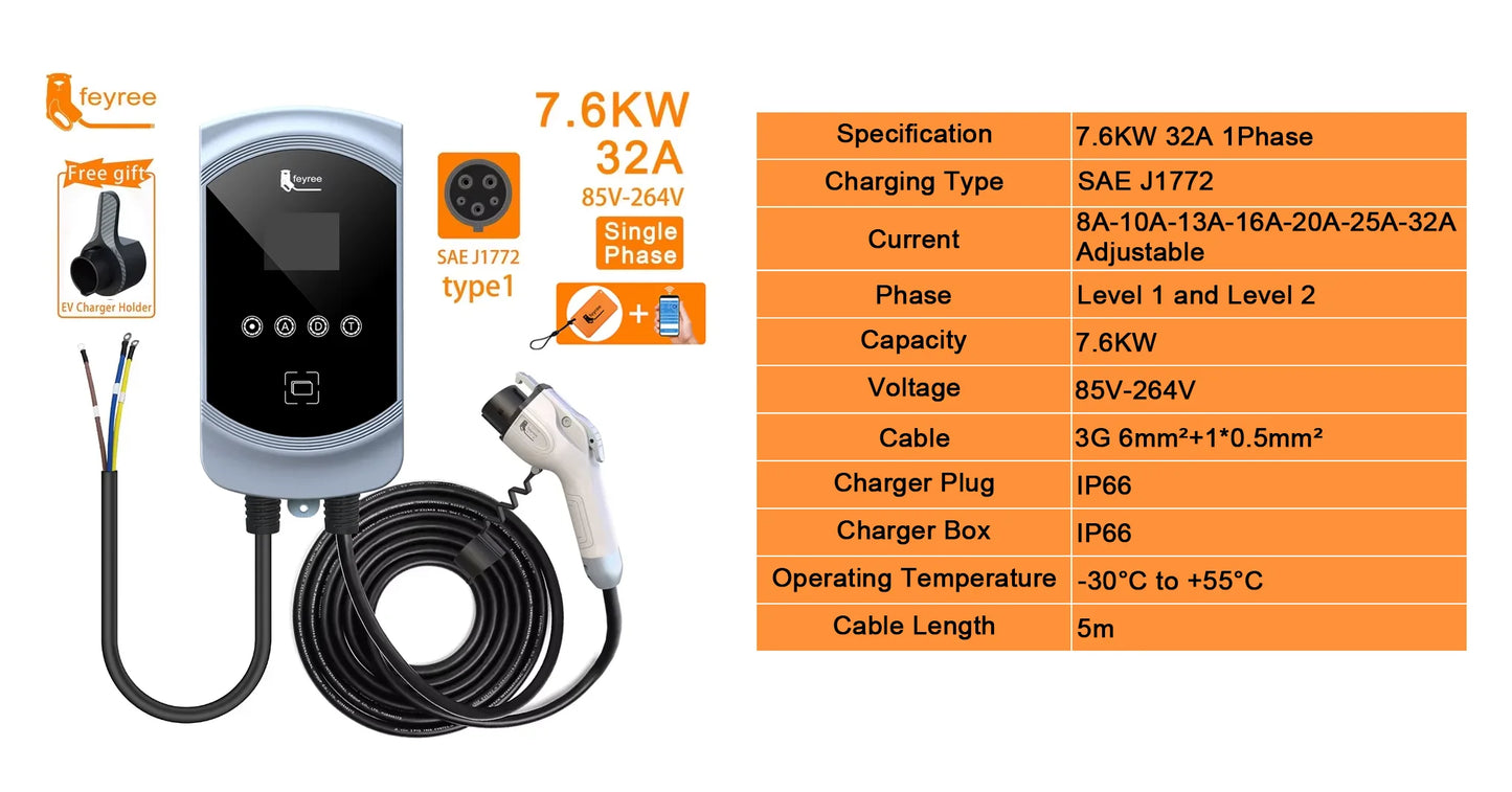 feyree EV Charger Type1 Cable j1772 Socket 32A 40A 50A Single Phase EVSE Wallbox Charging Station APP Control for Electric Car