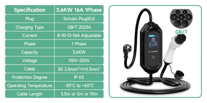 AFYEEV Portable Type2 IEC62196-2 EV Charger 16A GB/T EVSE Charging Cable Type1 SAE J1772 EU Plug Controller Wallbox for Car