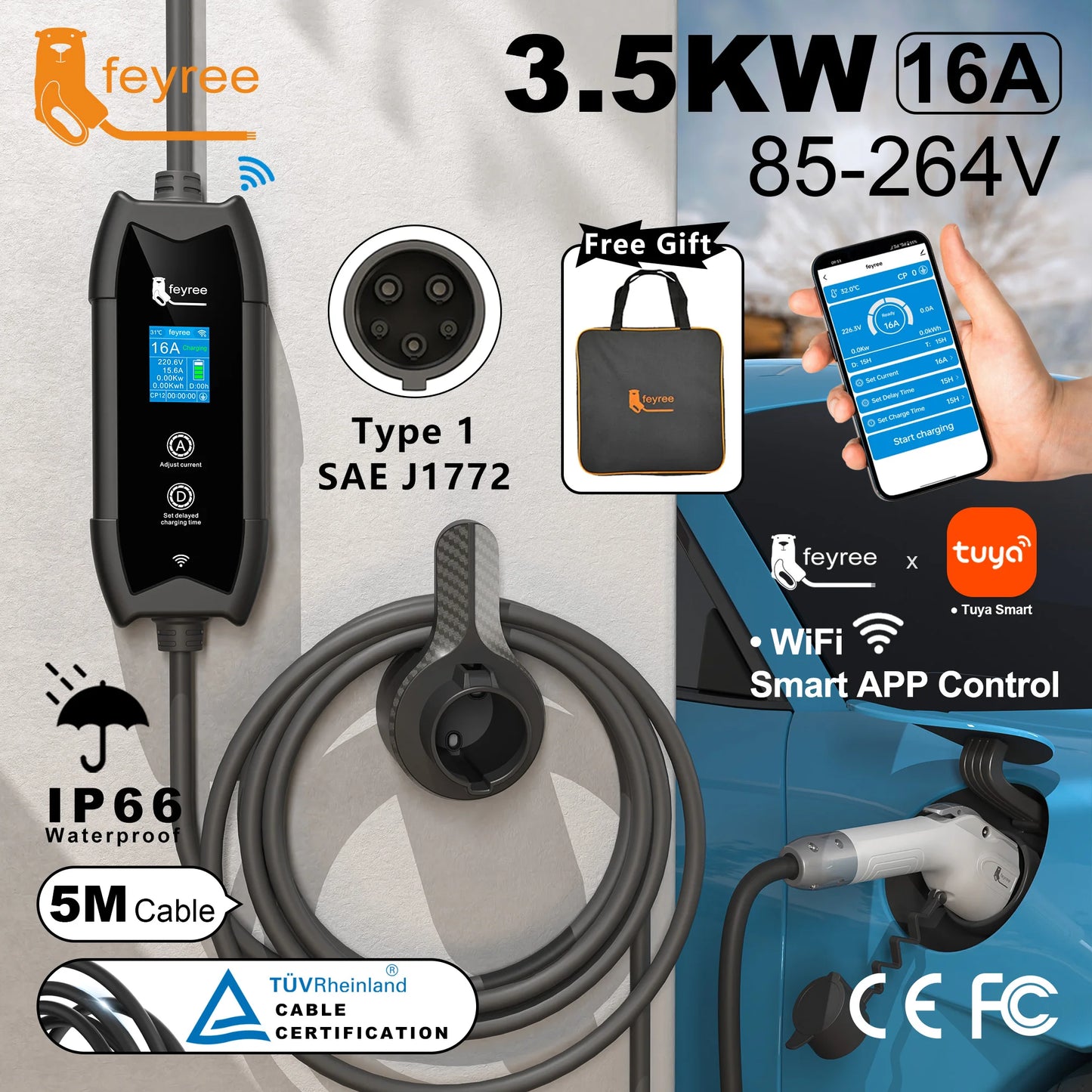 feyree Type1 Portable EV Charger 5m Cable with WIFI APP Control 16A 3.5KW Set Charging&DelayTime for EV Cars,Plug customizable