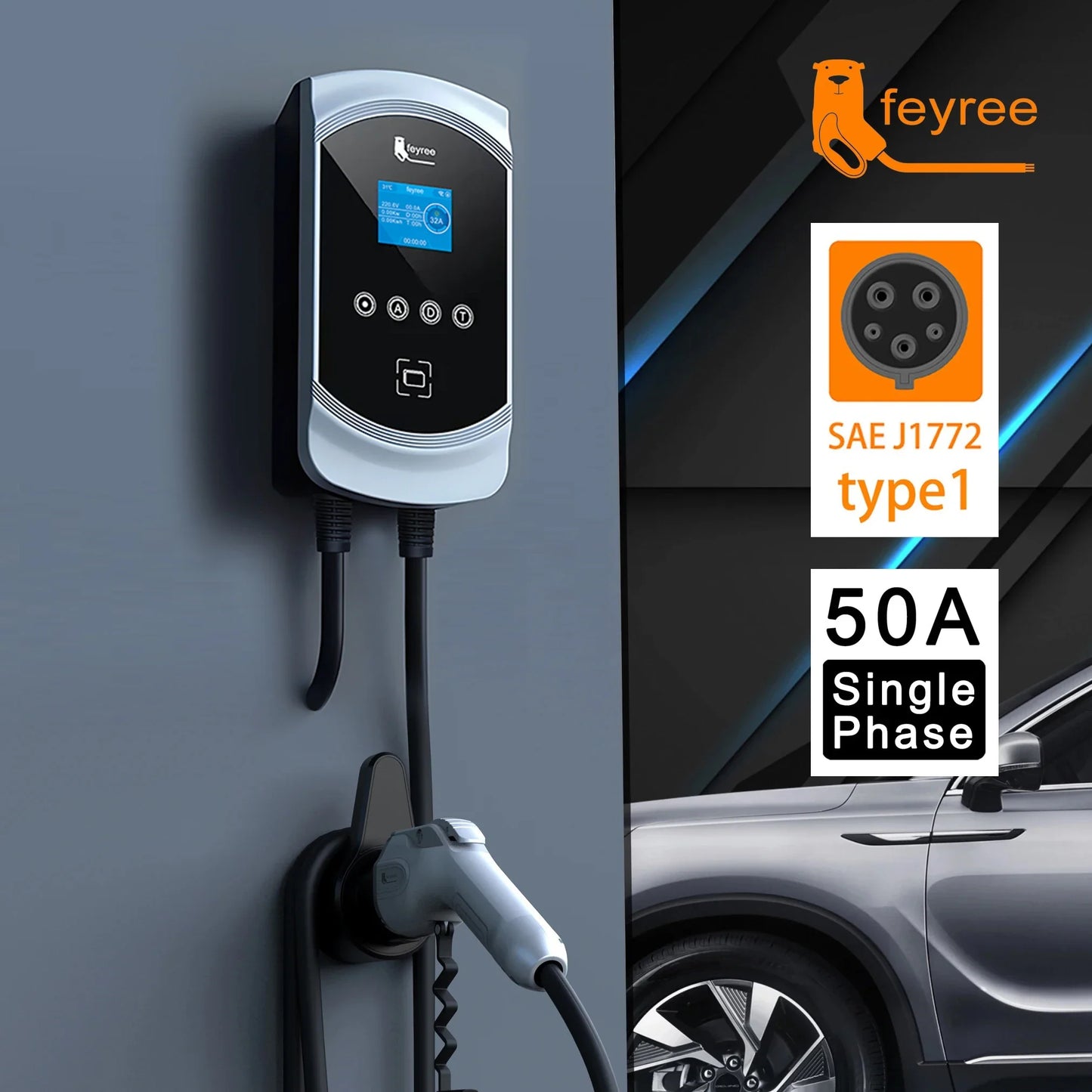 feyree EVSE Wallbox 50A 12KW 1Phase EV Charger Type1 Cable J1772 Socket Wallmounted Charging Station for Electric Vehicle Car by 54Grid - Renewable Energy Store