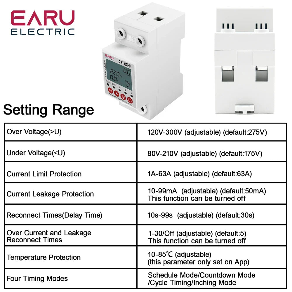 2P 63A TUYA APP WiFi Smart Circuit Earth Leakage Over Under Voltage Protector Relay Device Switch Breaker Energy Power kWh Meter by 54Grid - Renewable Energy Store