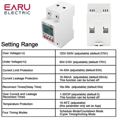 2P 63A TUYA APP WiFi Smart Circuit Earth Leakage Over Under Voltage Protector Relay Device Switch Breaker Energy Power kWh Meter by 54Grid - Renewable Energy Store