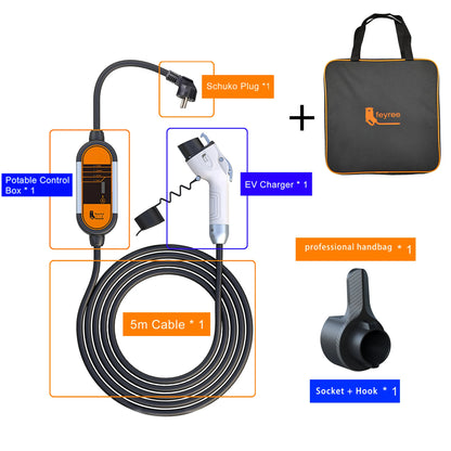 feyree EV Portable Charger Type2 5m Cable 3.5KW 16A IEC62196 Socket 1Phase Type1 j1772 Socket with Schuko Plug for Electric Car