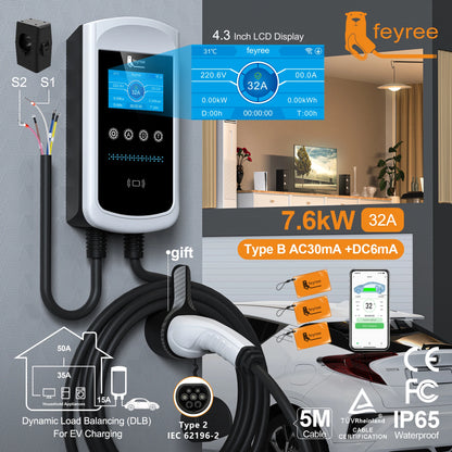 feyree Type2 EV Charger 4.3inch Screen 32A 7.6kW Dynamic Load Balancing 11kW 22kW 3Phase EVSE Wallbox APP with Charge History
