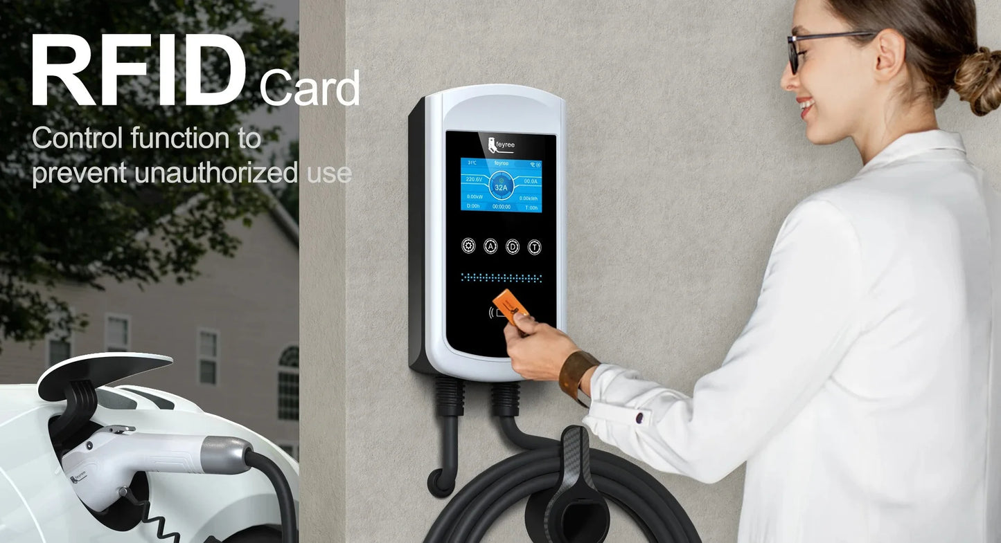 feyree GB/T EV Charger 7.6kw 32A Dynamic Load Balancing Wallbox 4.3inch LCD Wifi APP Charging Log 11KW 22KW 3P Charging Station