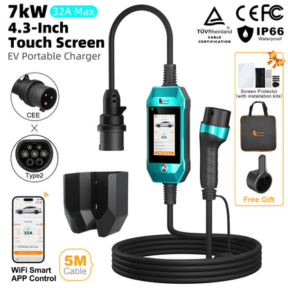 feyree EV Charger 4.3inch Touch Screen Type2 /Type1 /GBT /TS-NACS 32A 7kW 1P Portable Charger Smart APP WiFi Control for EV Cars
