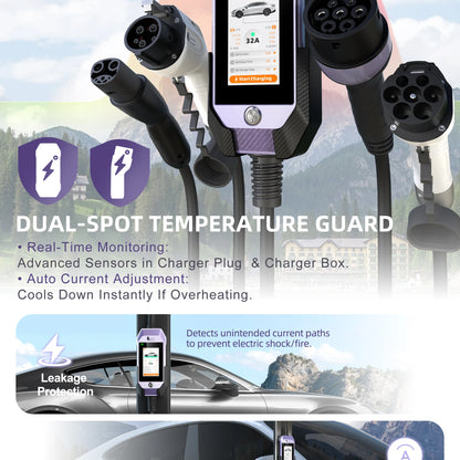 feyree Type2 /Type1 /GBT /TS-NACS 4.3inch Touch Screen EV Charger 32A 7kW 1P Portable Charger Smart APP WiFi Control for EV Cars
