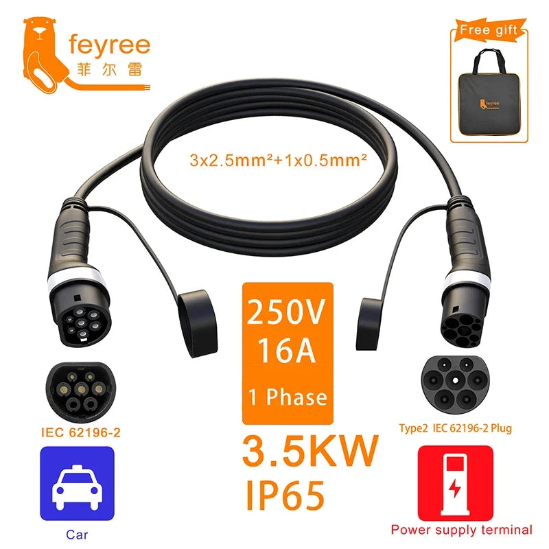 feyree EV Charger Type2 to Type2 Charging Cable 32A 7KW 1Phase 16A 3.5KW 11KW 22KW 3Phase Charger Station for Electric Vehicle